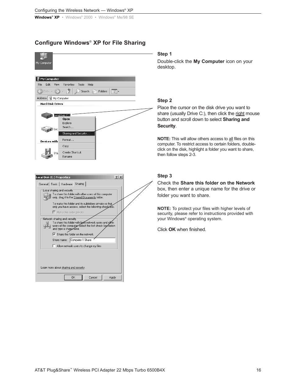 Configure windows, Xp for file sharing | AT&T Turbo 802.11b User Manual | Page 16 / 38