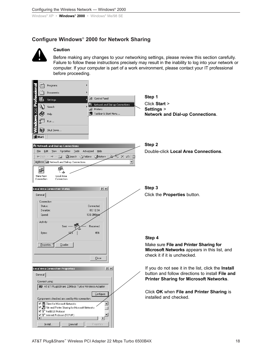 Configure windows, 2000 for network sharing | AT&T Turbo 802.11b User Manual | Page 18 / 38