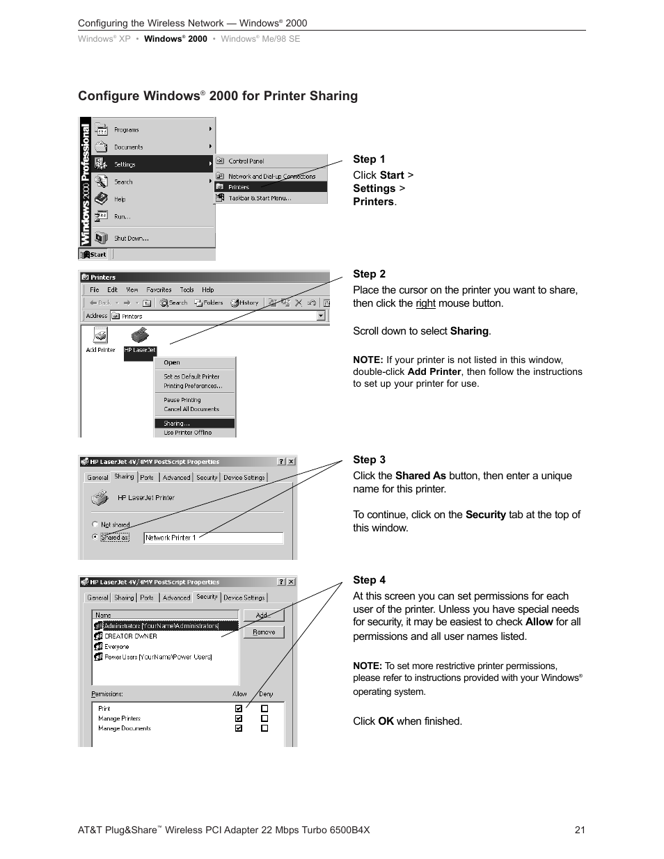 Configure windows, 2000 for printer sharing | AT&T Turbo 802.11b User Manual | Page 21 / 38