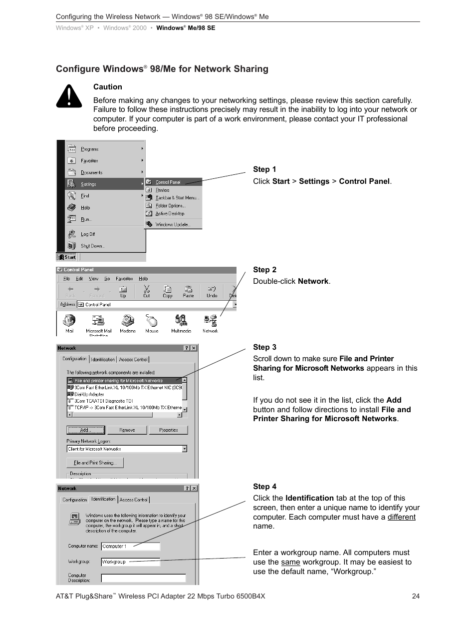 Configure windows, 98/me for network sharing | AT&T Turbo 802.11b User Manual | Page 24 / 38