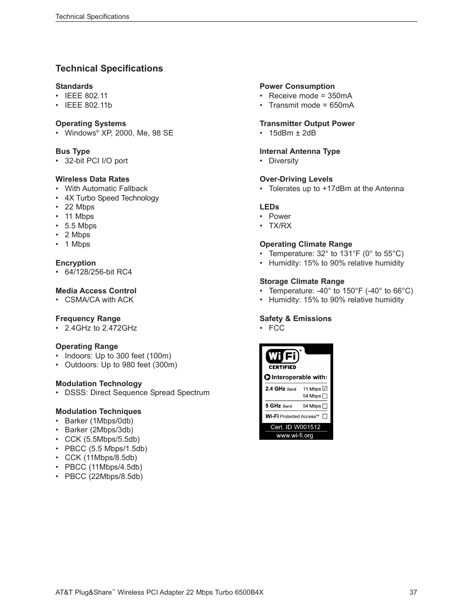 Technical specifications | AT&T Turbo 802.11b User Manual | Page 37 / 38