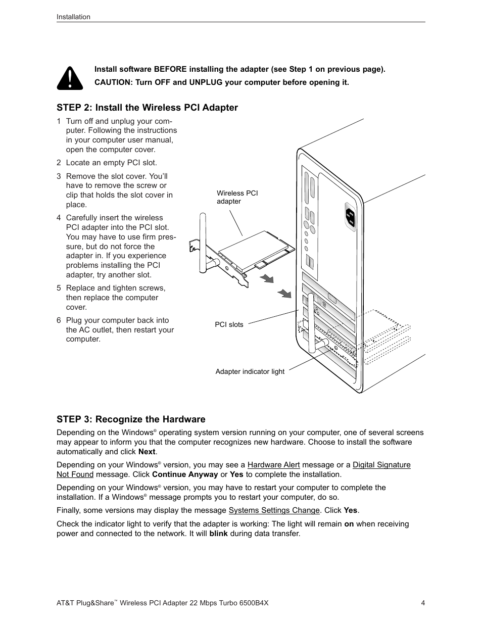 Step 3: recognize the hardware, Step 2: install the wireless pci adapter | AT&T Turbo 802.11b User Manual | Page 4 / 38