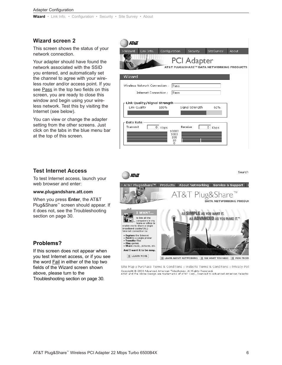 Test internet access, Wizard screen 2, Problems | AT&T Turbo 802.11b User Manual | Page 6 / 38