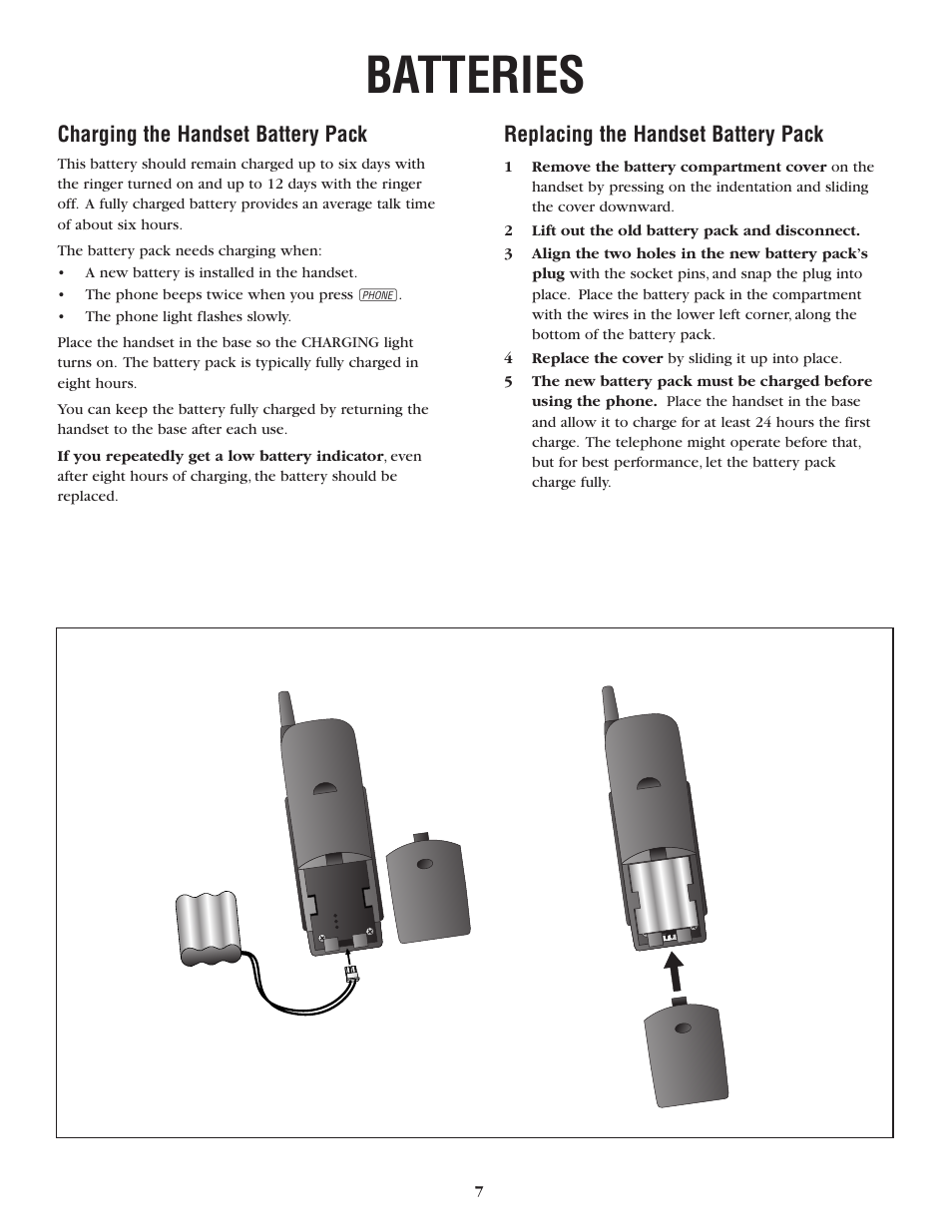 Batteries, Charging the handset battery pack, Replacing the handset battery pack | AT&T 6200 User Manual | Page 7 / 8