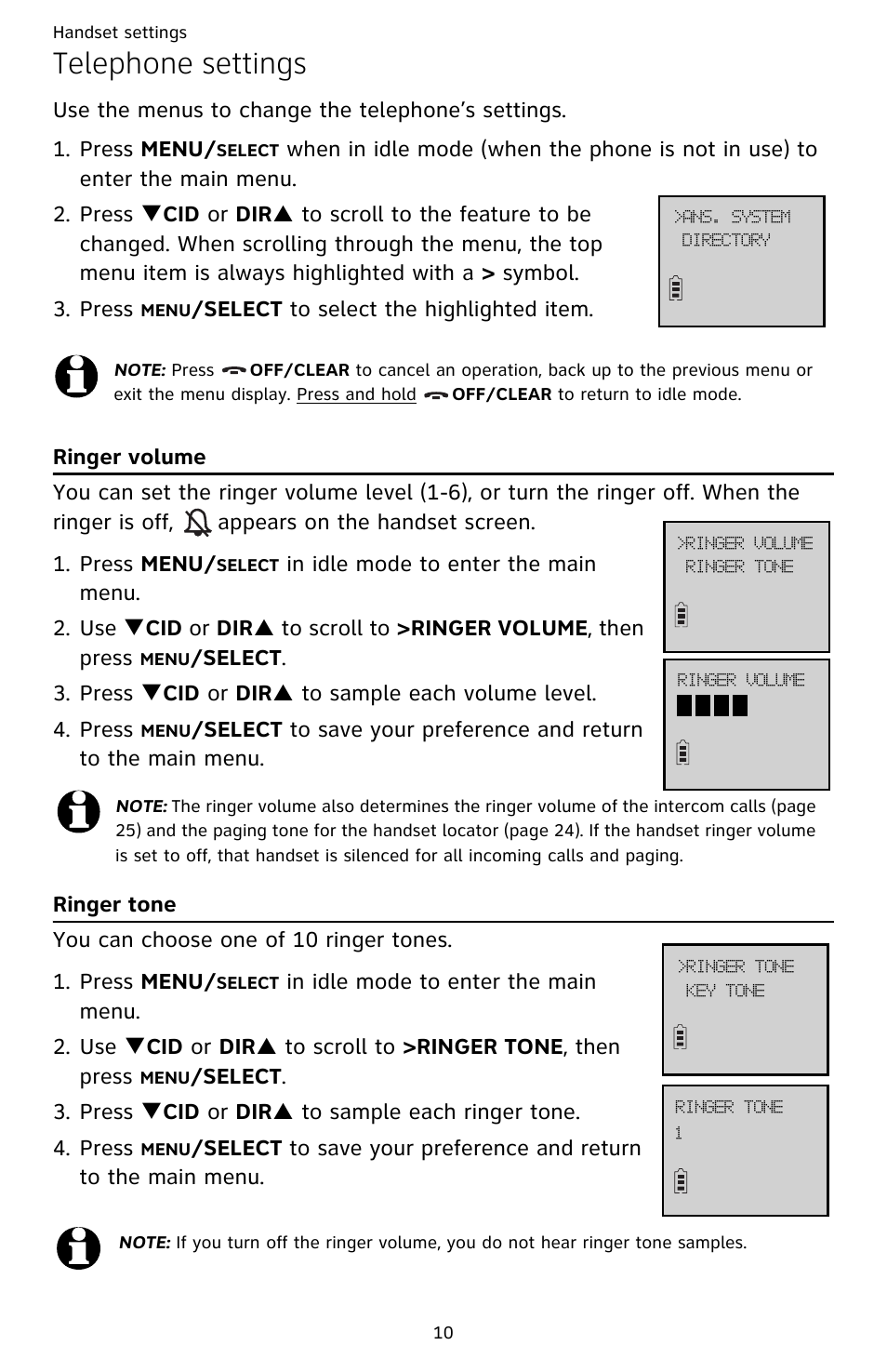Telephone settings, Ringer volume ringer tone | AT&T CL82609 User Manual | Page 15 / 77