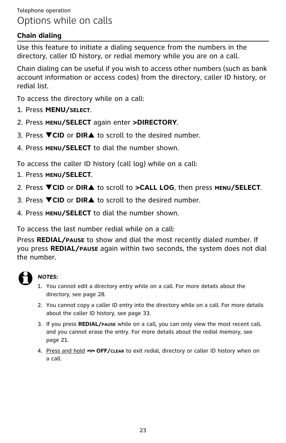 Options while on calls, Chain dialing | AT&T CL82609 User Manual | Page 28 / 77