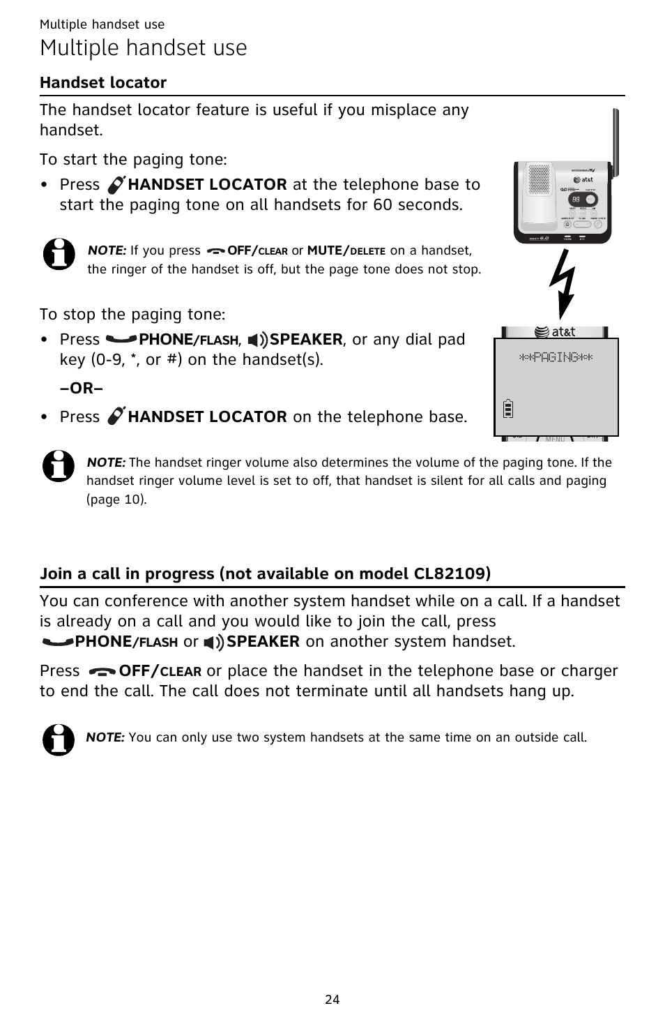 Multiple handset use, Handset locator join a call in progress | AT&T CL82609 User Manual | Page 29 / 77