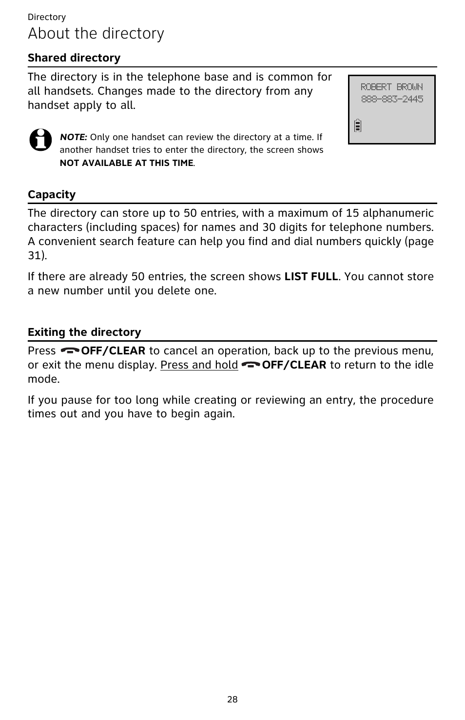 About the directory, Shared directory capacity exiting the directory | AT&T CL82609 User Manual | Page 33 / 77