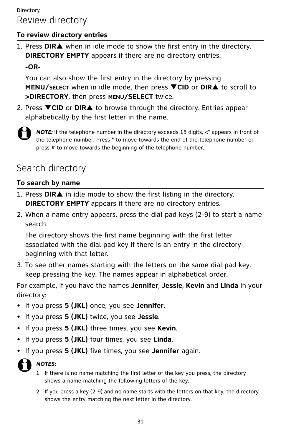 Review directory, Search directory, To review directory entries | To search by name | AT&T CL82609 User Manual | Page 36 / 77