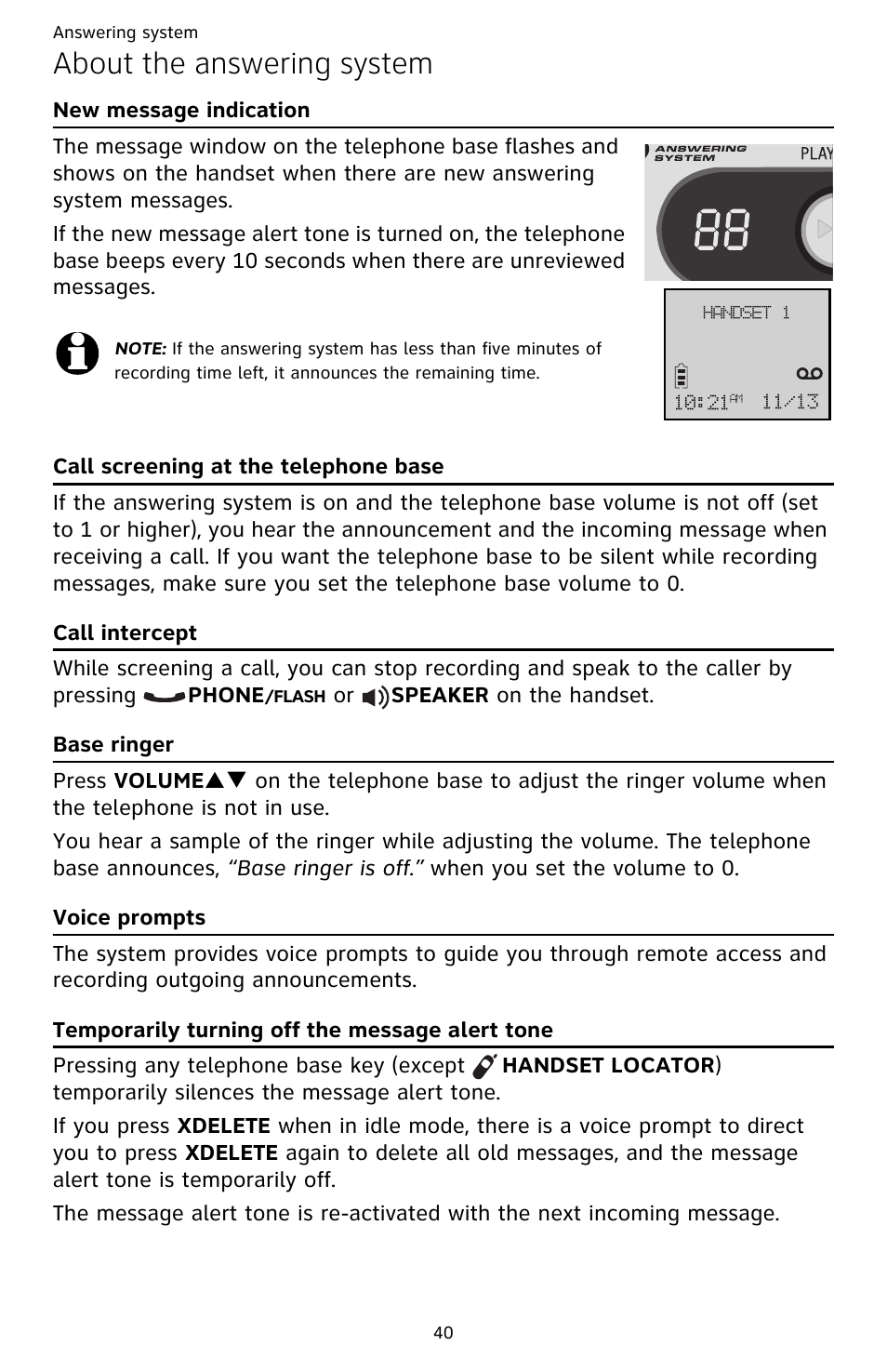 Temporarily turning off the message alert tone, About the answering system | AT&T CL82609 User Manual | Page 45 / 77