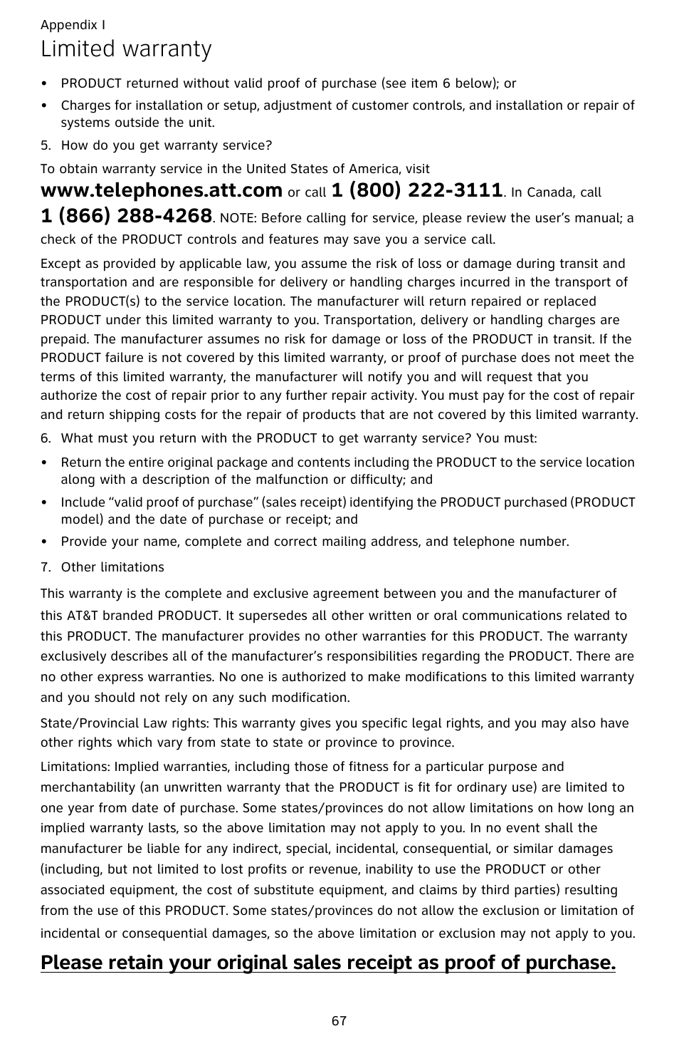 Limited warranty | AT&T CL82609 User Manual | Page 72 / 77