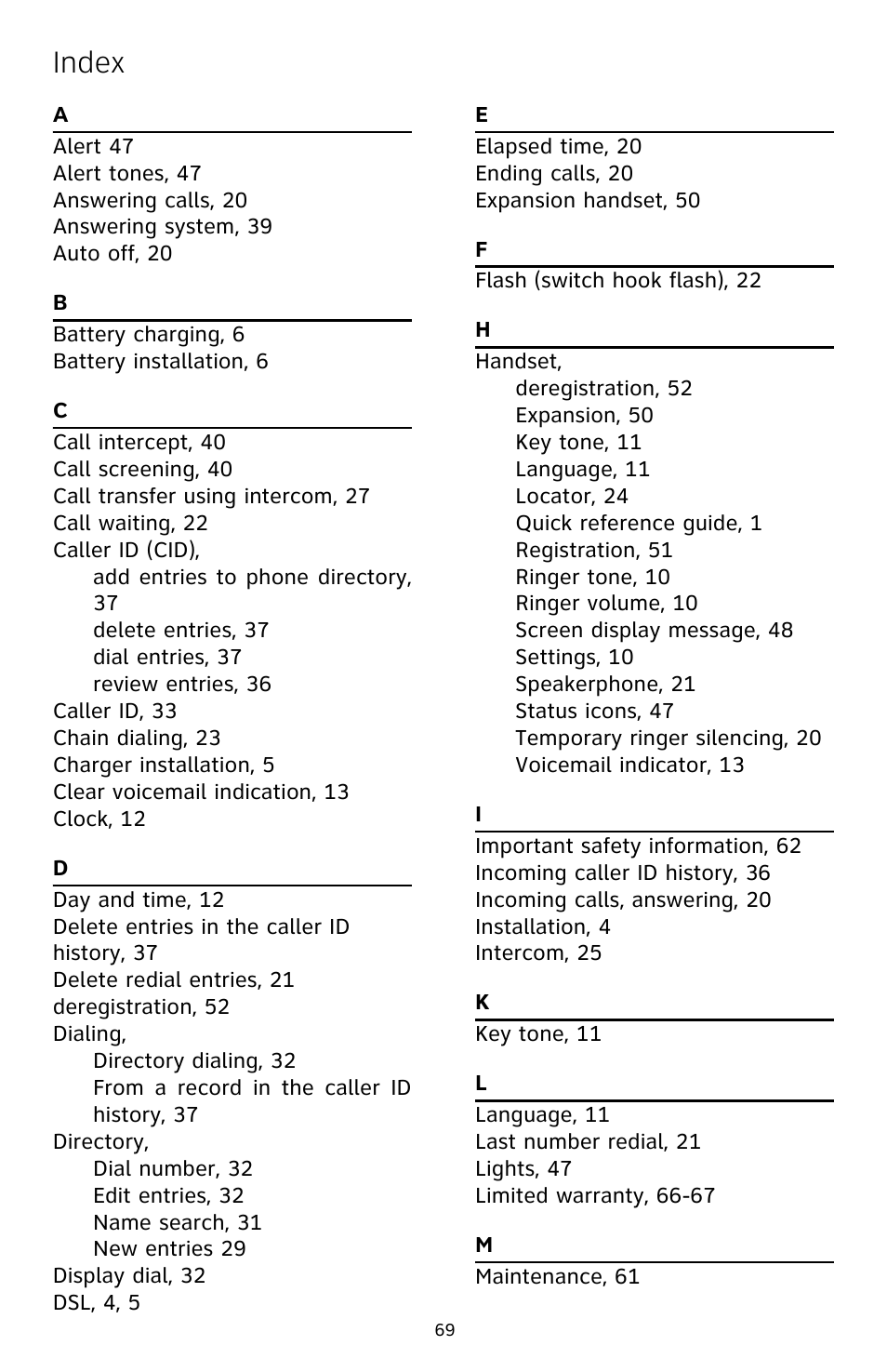 Index | AT&T CL82609 User Manual | Page 74 / 77