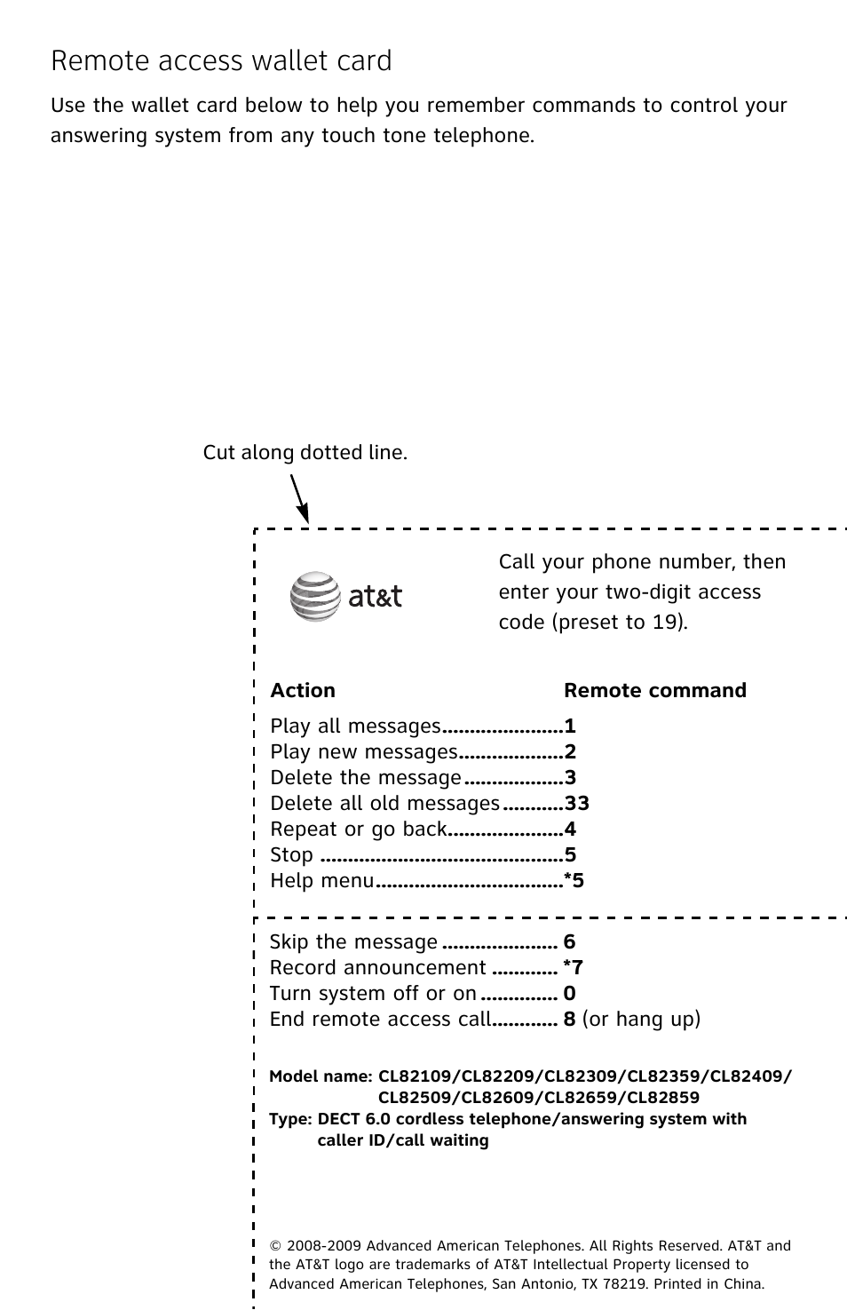 Remote access wallet card | AT&T CL82609 User Manual | Page 76 / 77