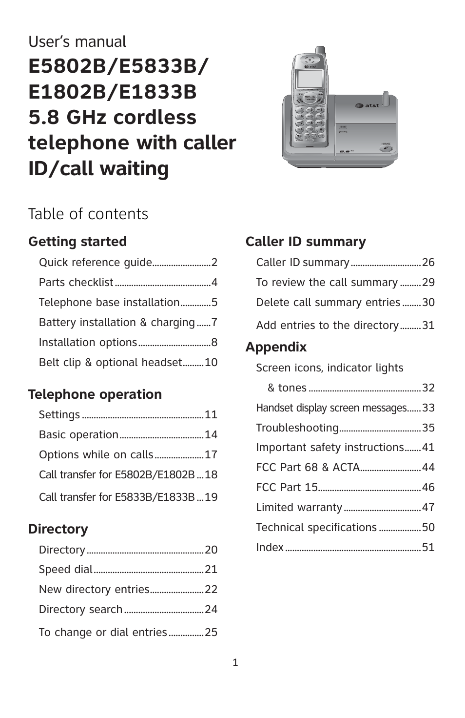 Table of contents user’s manual | AT&T E1833B User Manual | Page 4 / 55