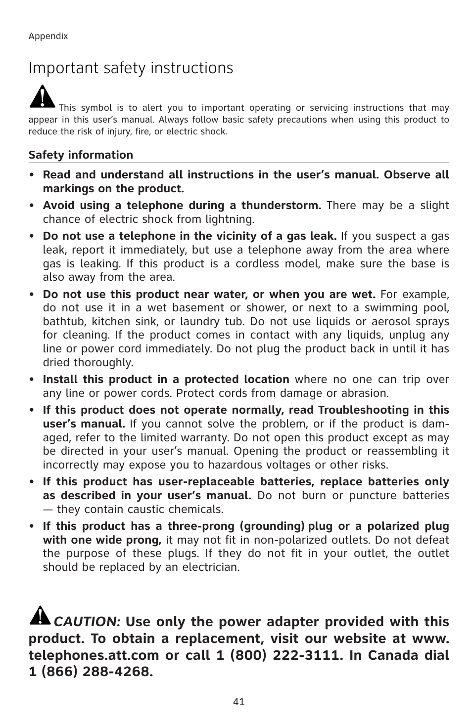 Important safety instructions | AT&T E1833B User Manual | Page 44 / 55