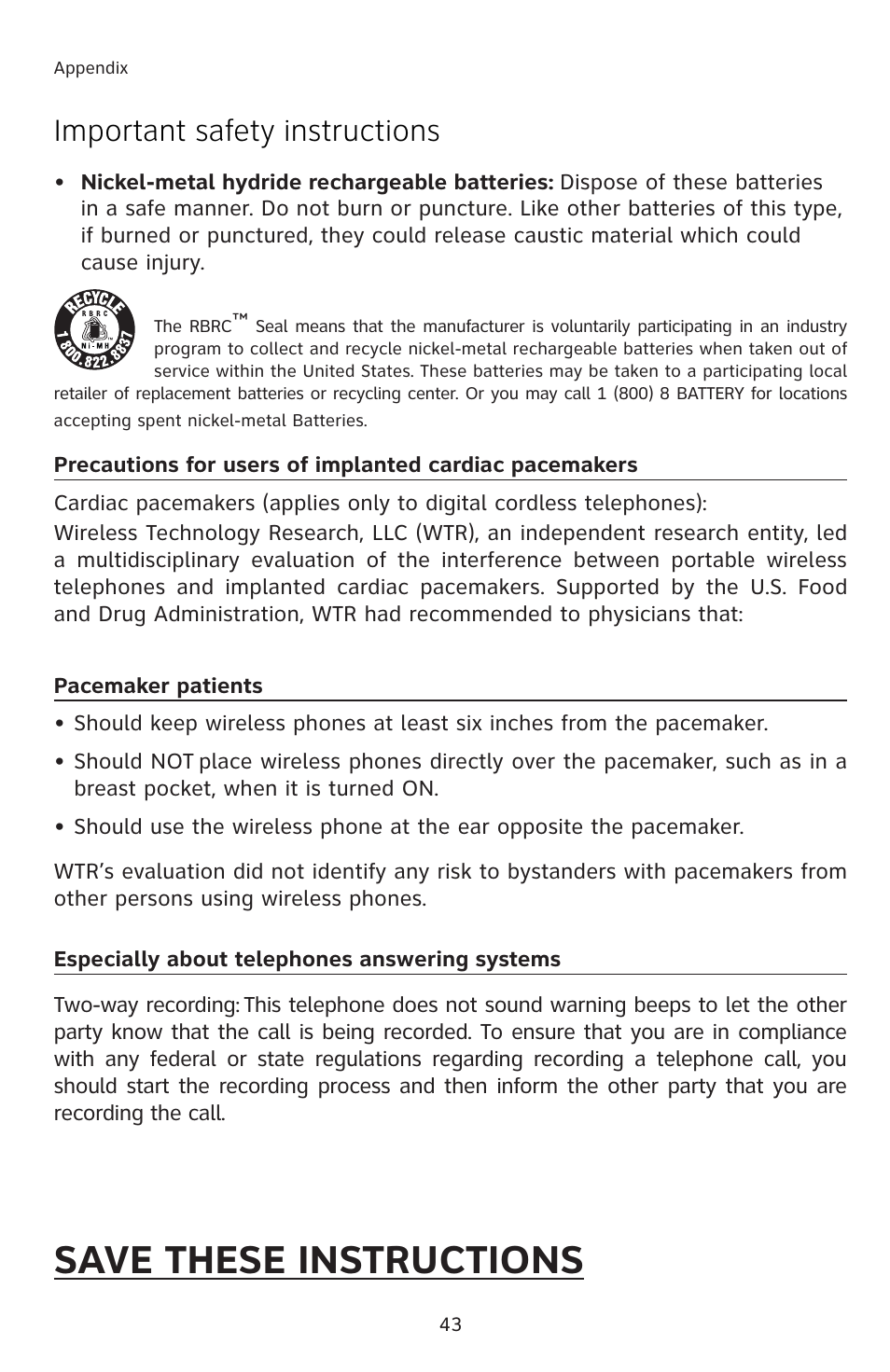 Save these instructions, Important safety instructions | AT&T E1833B User Manual | Page 46 / 55