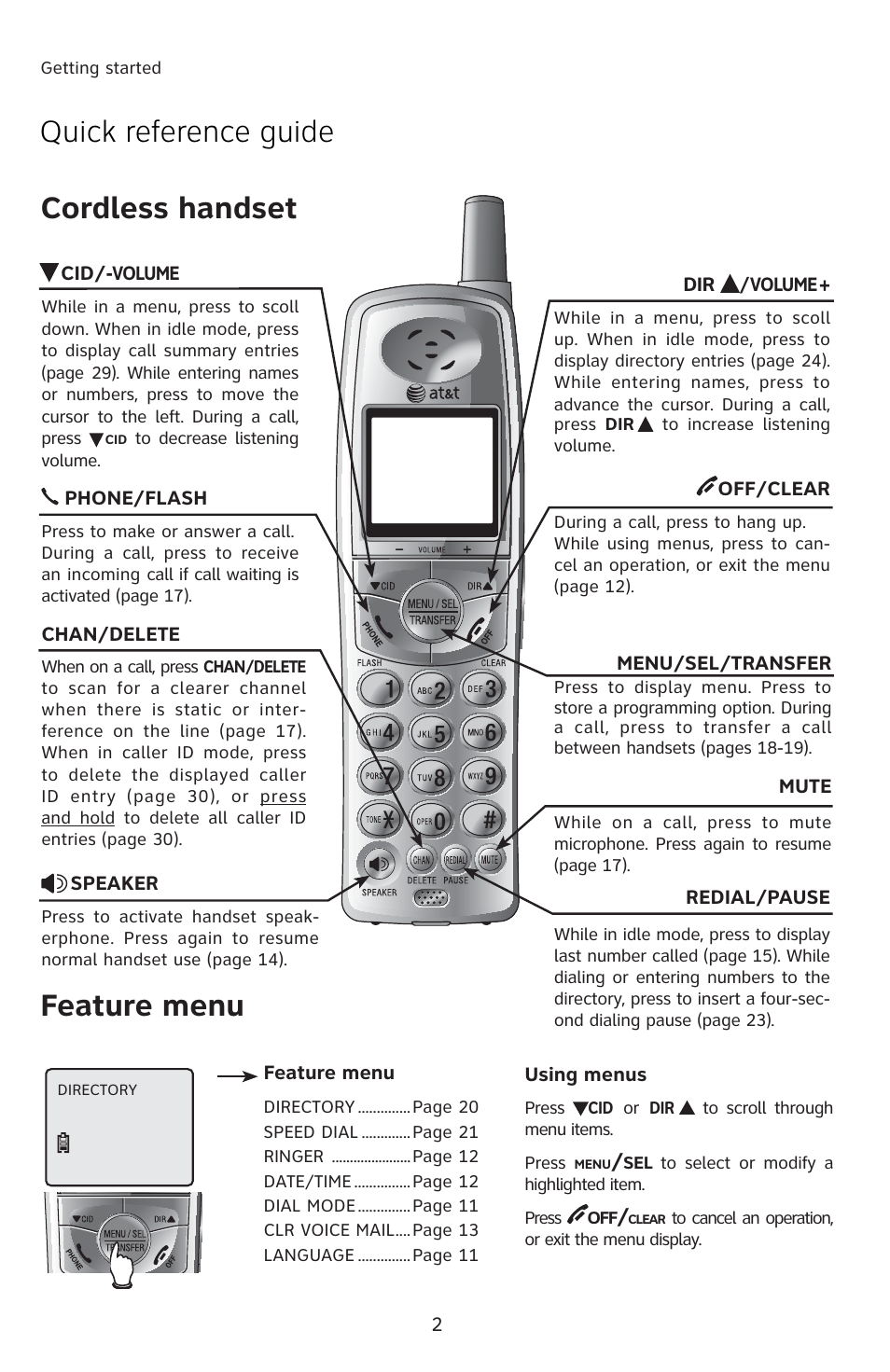 Quick reference guide cordless handset, Feature menu | AT&T E1833B User Manual | Page 5 / 55