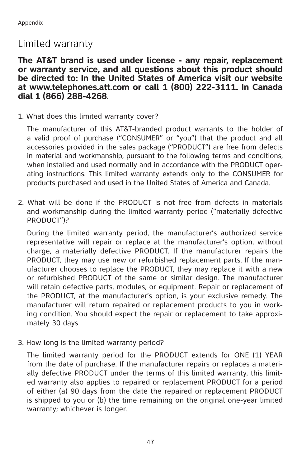 Limited warranty | AT&T E1833B User Manual | Page 50 / 55