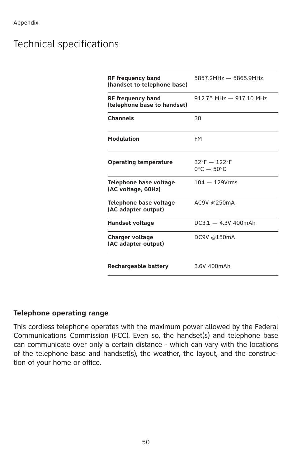 Technical specifications | AT&T E1833B User Manual | Page 53 / 55