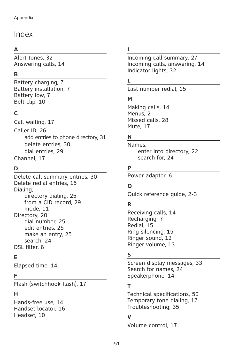 Index | AT&T E1833B User Manual | Page 54 / 55
