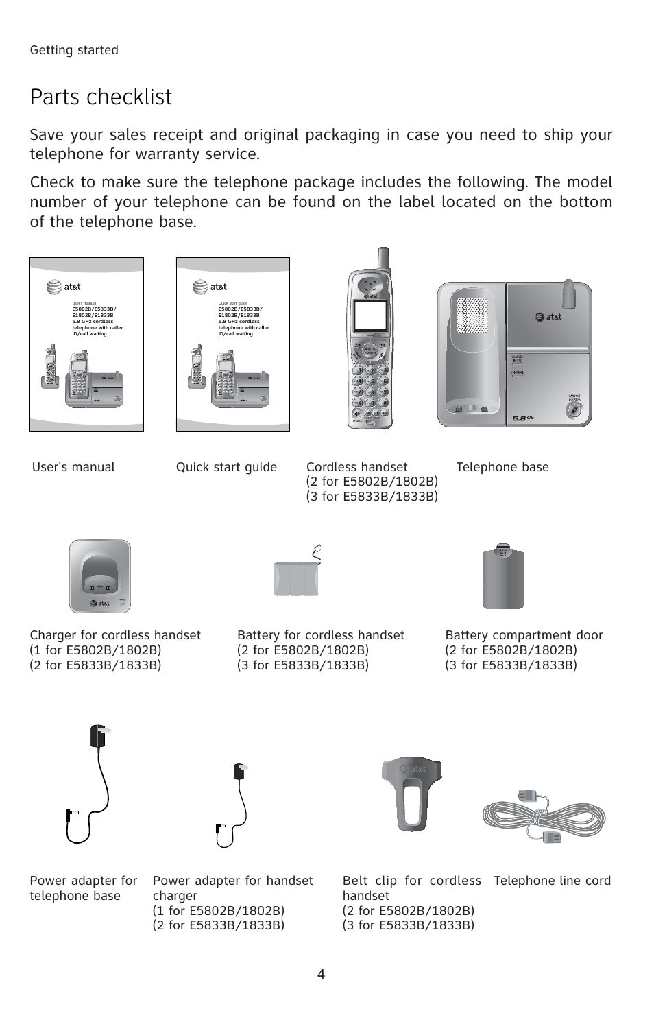 Parts checklist | AT&T E1833B User Manual | Page 7 / 55