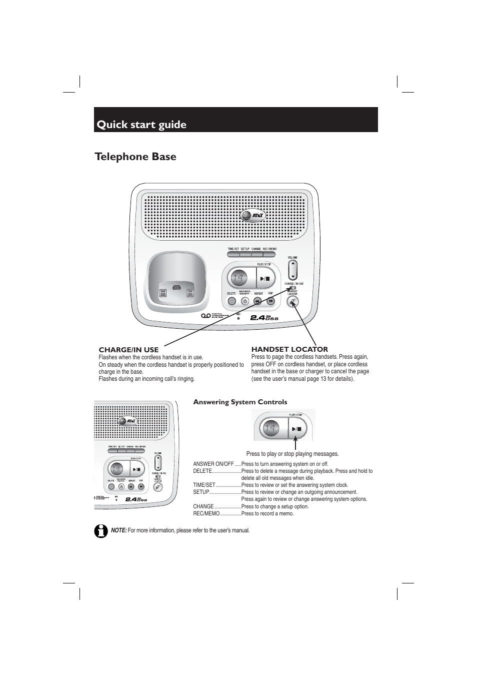 Quick start guide, Telephone base | AT&T E2126 User Manual | Page 4 / 6