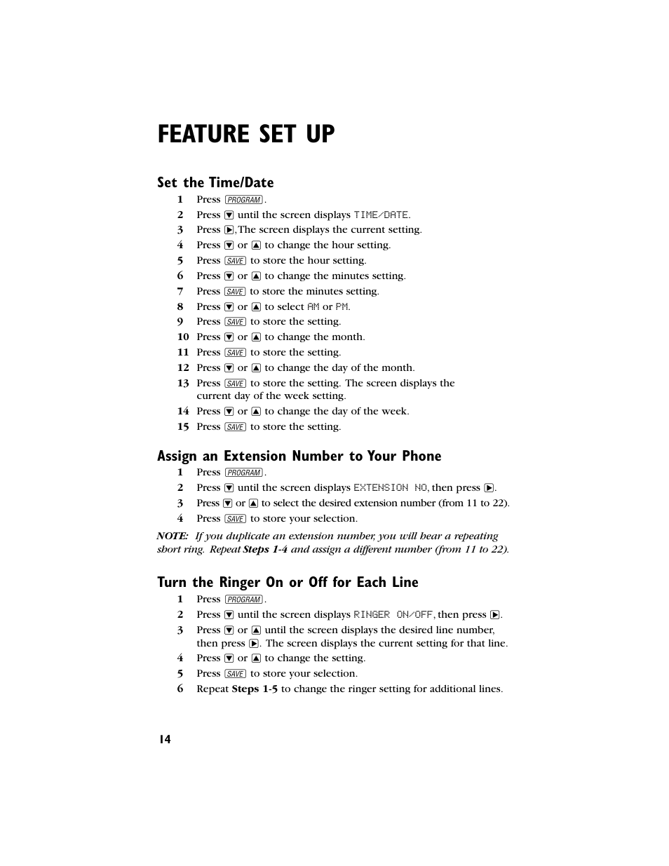 Feature set up, Set the time/date, Assign an extension number to your phone | Turn the ringer on or off for each line | AT&T 944 User Manual | Page 15 / 43