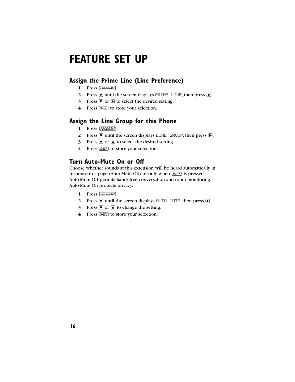 Feature set up, Assign the prime line (line preference), Assign the line group for this phone | Turn auto-mute on or off | AT&T 944 User Manual | Page 17 / 43