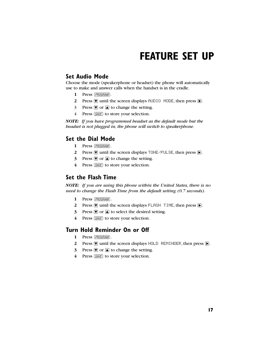 Feature set up, Set audio mode, Set the dial mode | Set the flash time, Turn hold reminder on or off | AT&T 944 User Manual | Page 18 / 43
