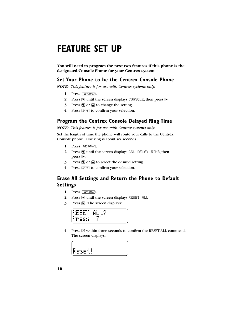 Feature set up, Set your phone to be the centrex console phone, Program the centrex console delayed ring time | AT&T 944 User Manual | Page 19 / 43