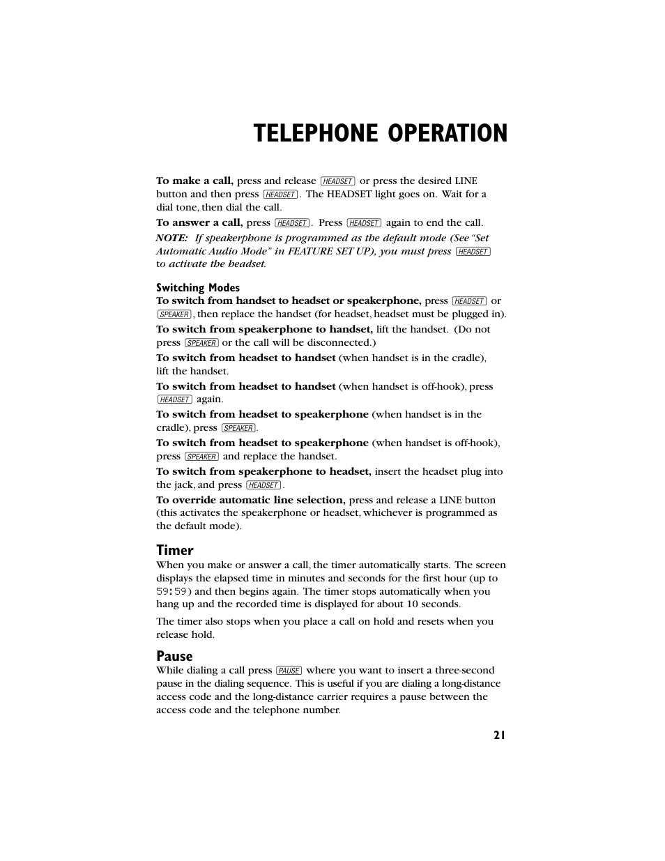Telephone operation, Timer, Pause | AT&T 944 User Manual | Page 22 / 43