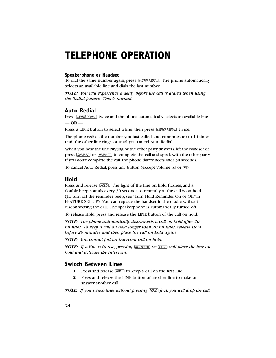 Telephone operation, Auto redial, Hold | Switch between lines | AT&T 944 User Manual | Page 25 / 43