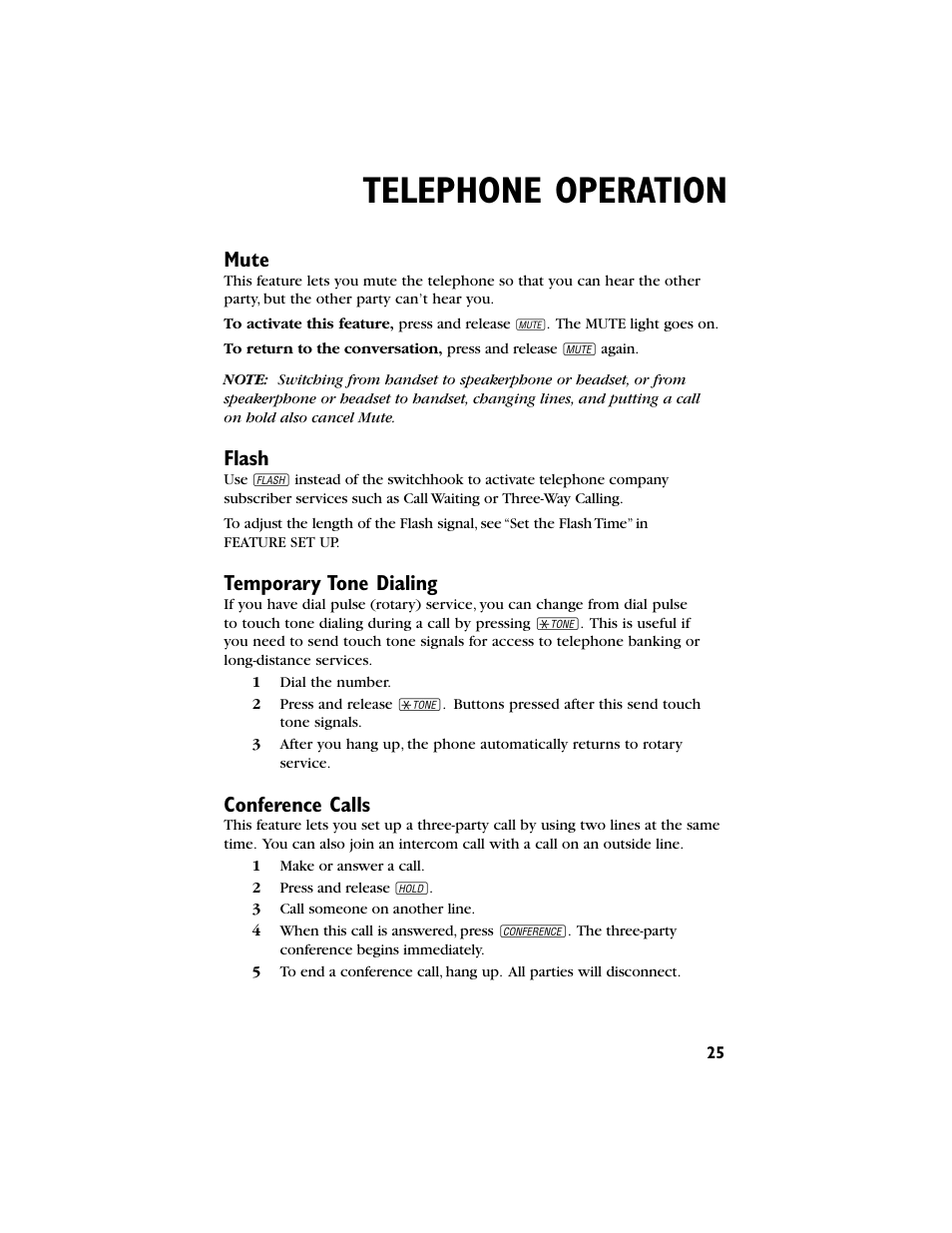 Telephone operation, Mute, Flash | Temporary tone dialing, Conference calls | AT&T 944 User Manual | Page 26 / 43