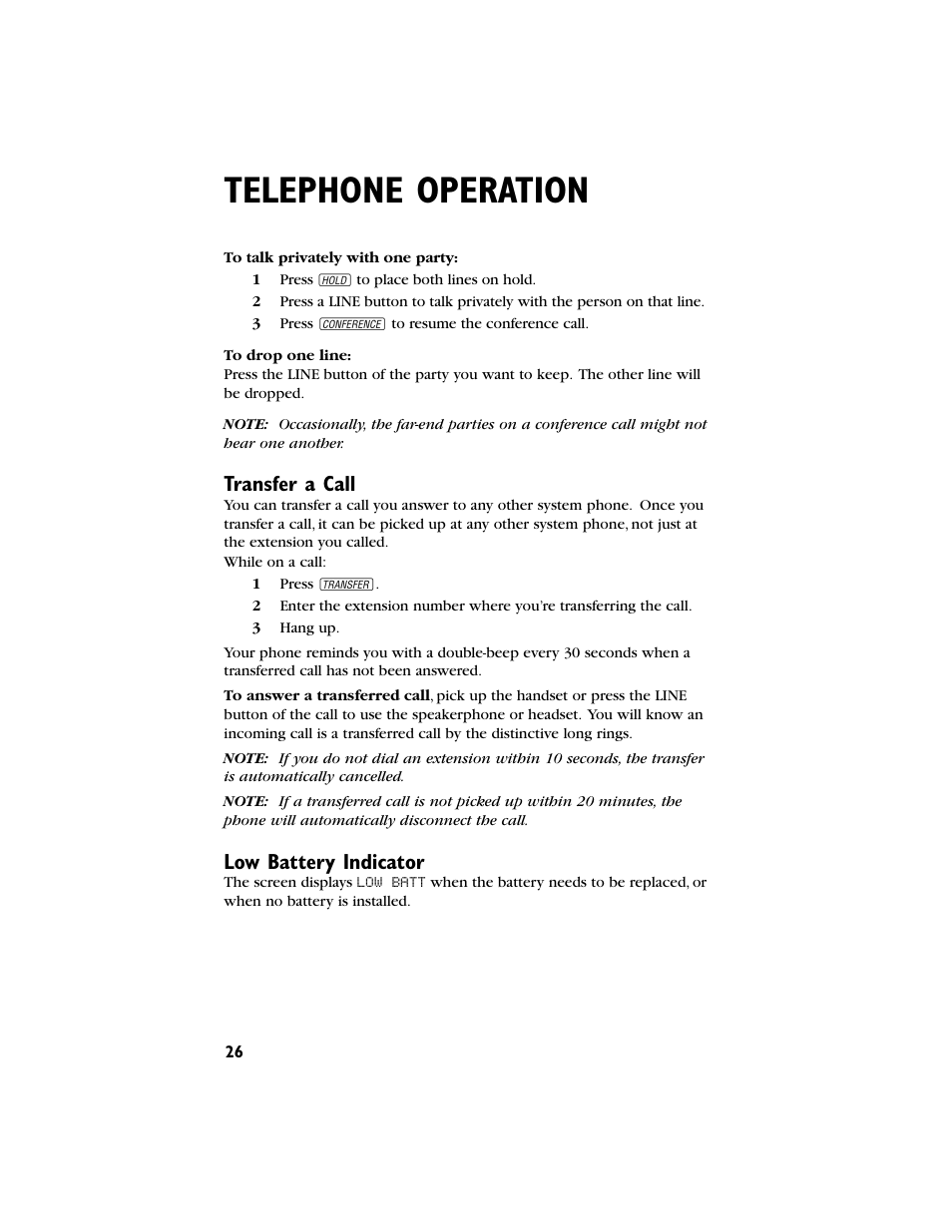 Telephone operation, Transfer a call, Low battery indicator | AT&T 944 User Manual | Page 27 / 43