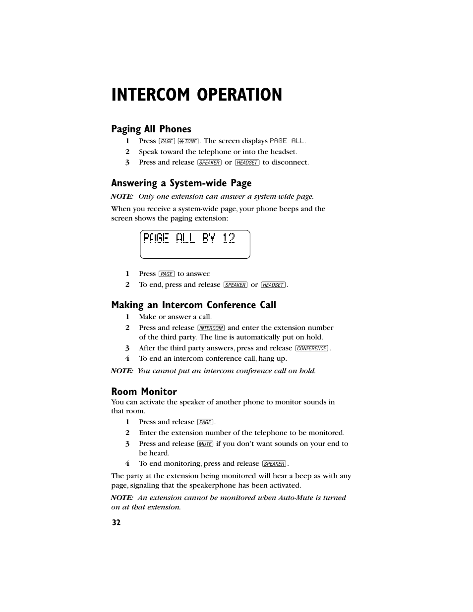 Intercom operation, Paging all phones, Answering a system-wide page | Making an intercom conference call, Room monitor | AT&T 944 User Manual | Page 33 / 43