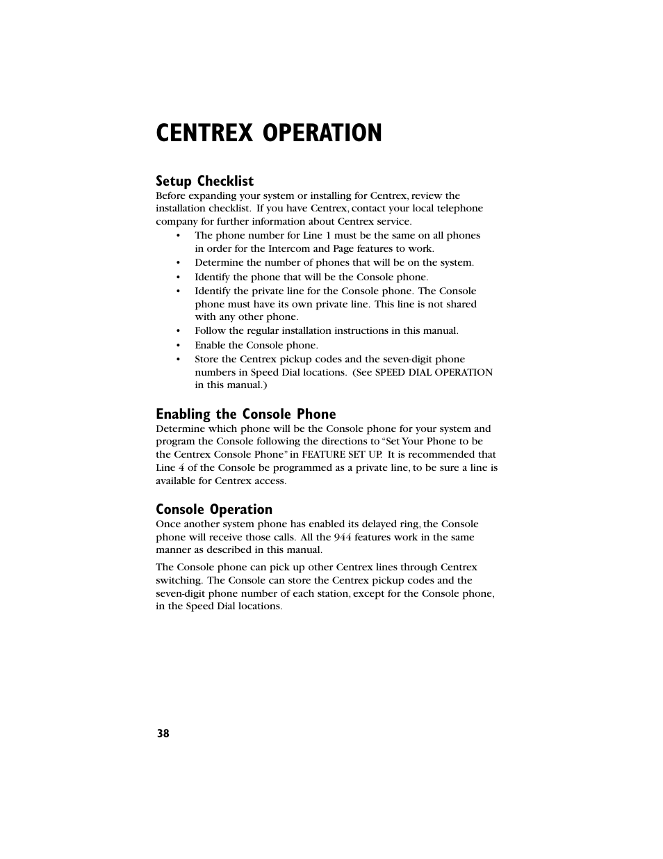 Centrex operation, Setup checklist, Enabling the console phone | Console operation | AT&T 944 User Manual | Page 39 / 43