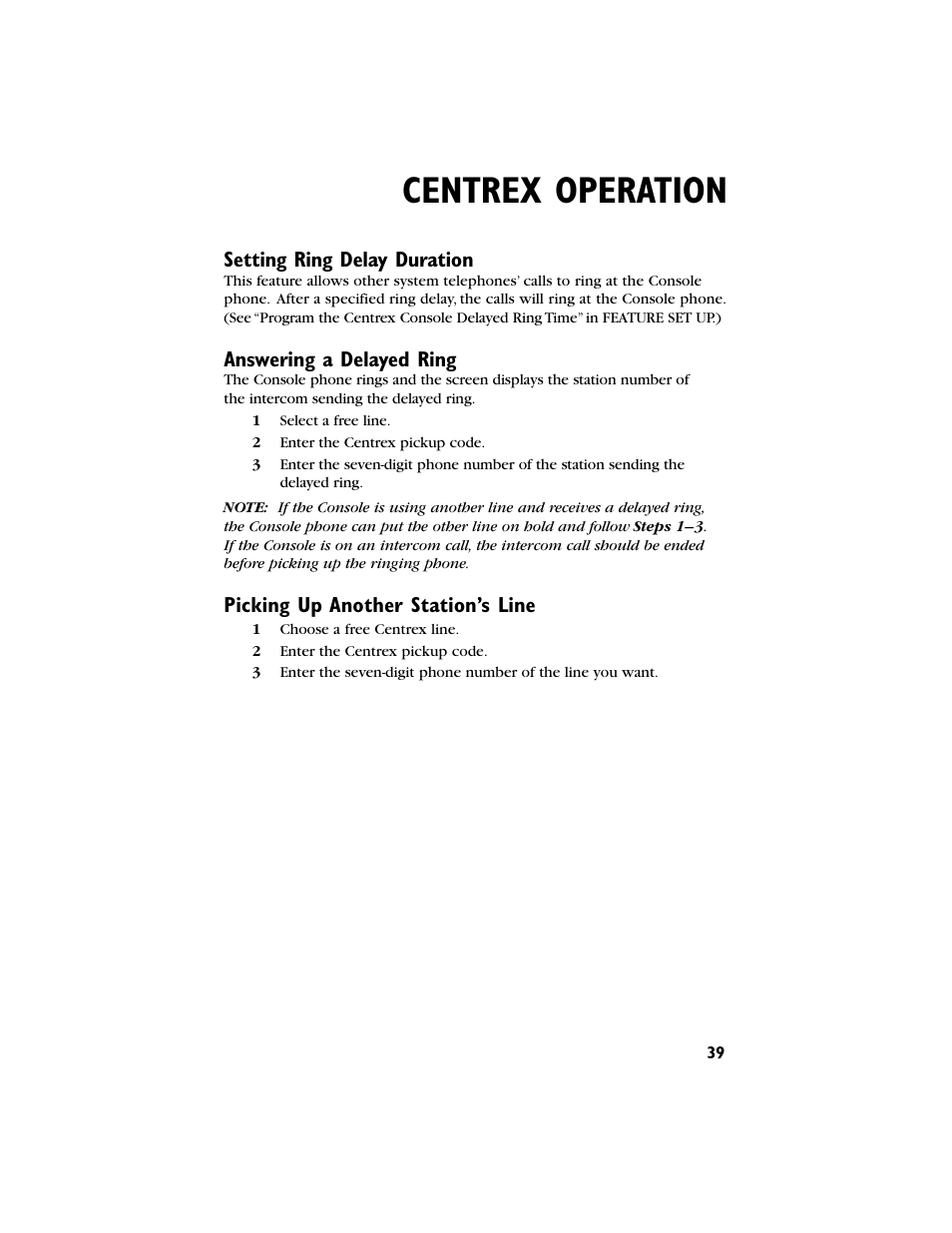 Centrex operation, Setting ring delay duration, Answering a delayed ring | Picking up another station’s line | AT&T 944 User Manual | Page 40 / 43