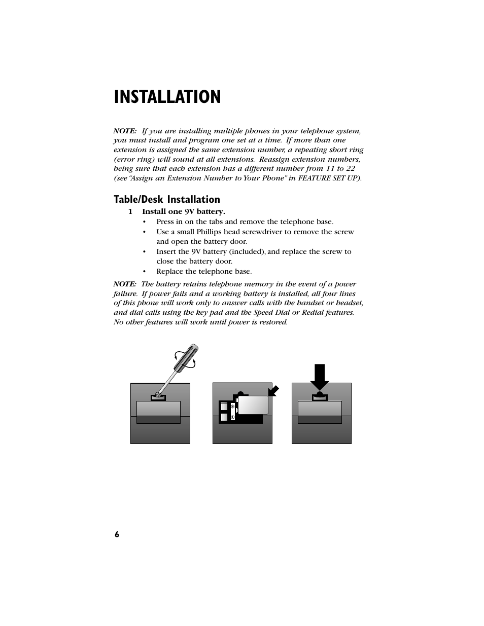 Installation, Table/desk installation | AT&T 944 User Manual | Page 7 / 43