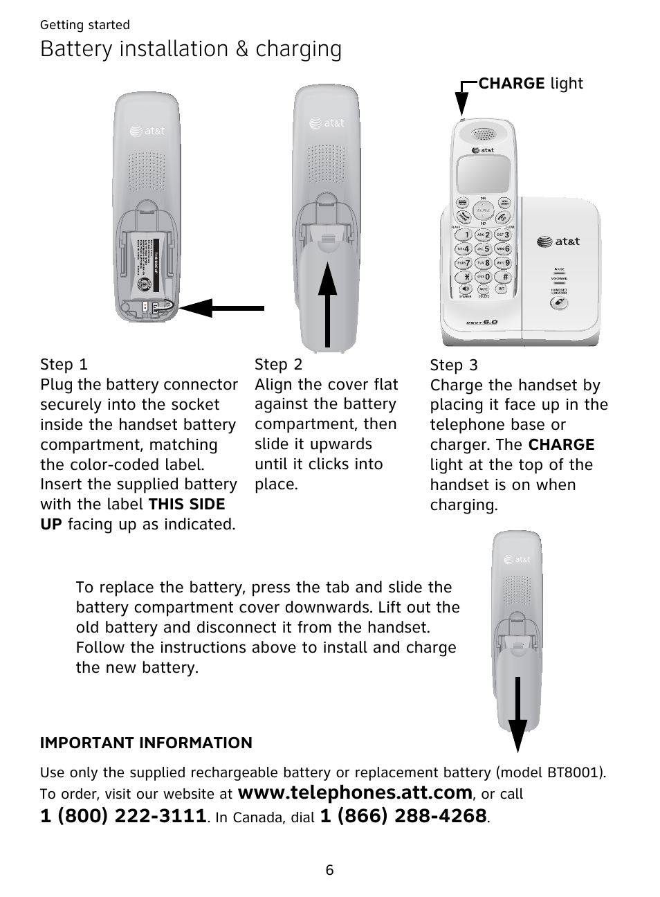 Battery installation & charging | AT&T DECT EL51359 User Manual | Page 11 / 65