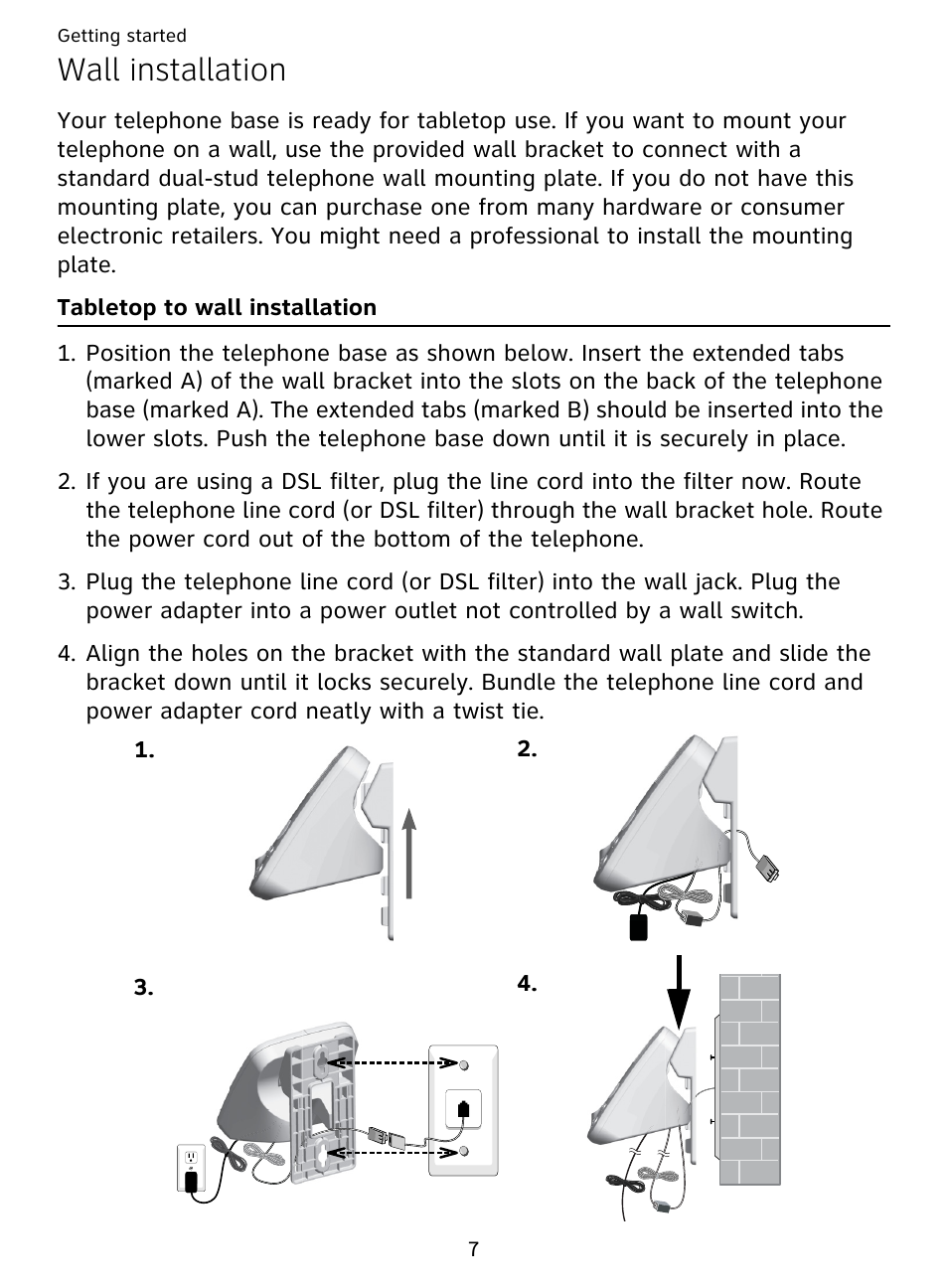 Wall installation, Tabletop to wall installation | AT&T DECT EL51359 User Manual | Page 12 / 65