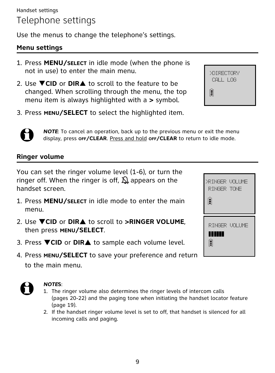 Telephone settings, Menu settings ringer volume, 9). o | AT&T DECT EL51359 User Manual | Page 14 / 65