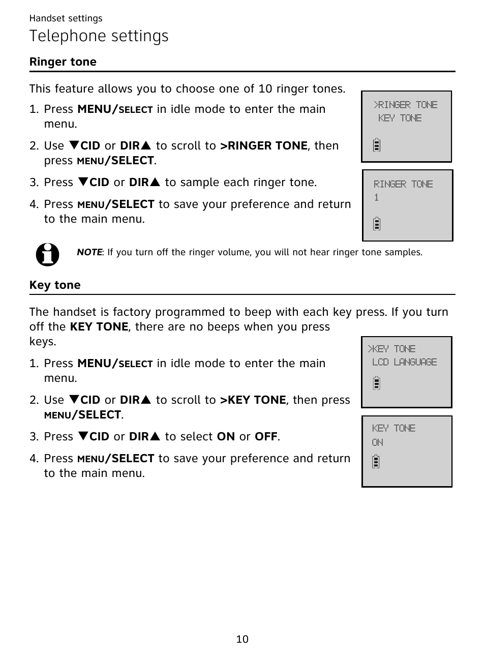 Telephone settings, Ringer tone key tone | AT&T DECT EL51359 User Manual | Page 15 / 65