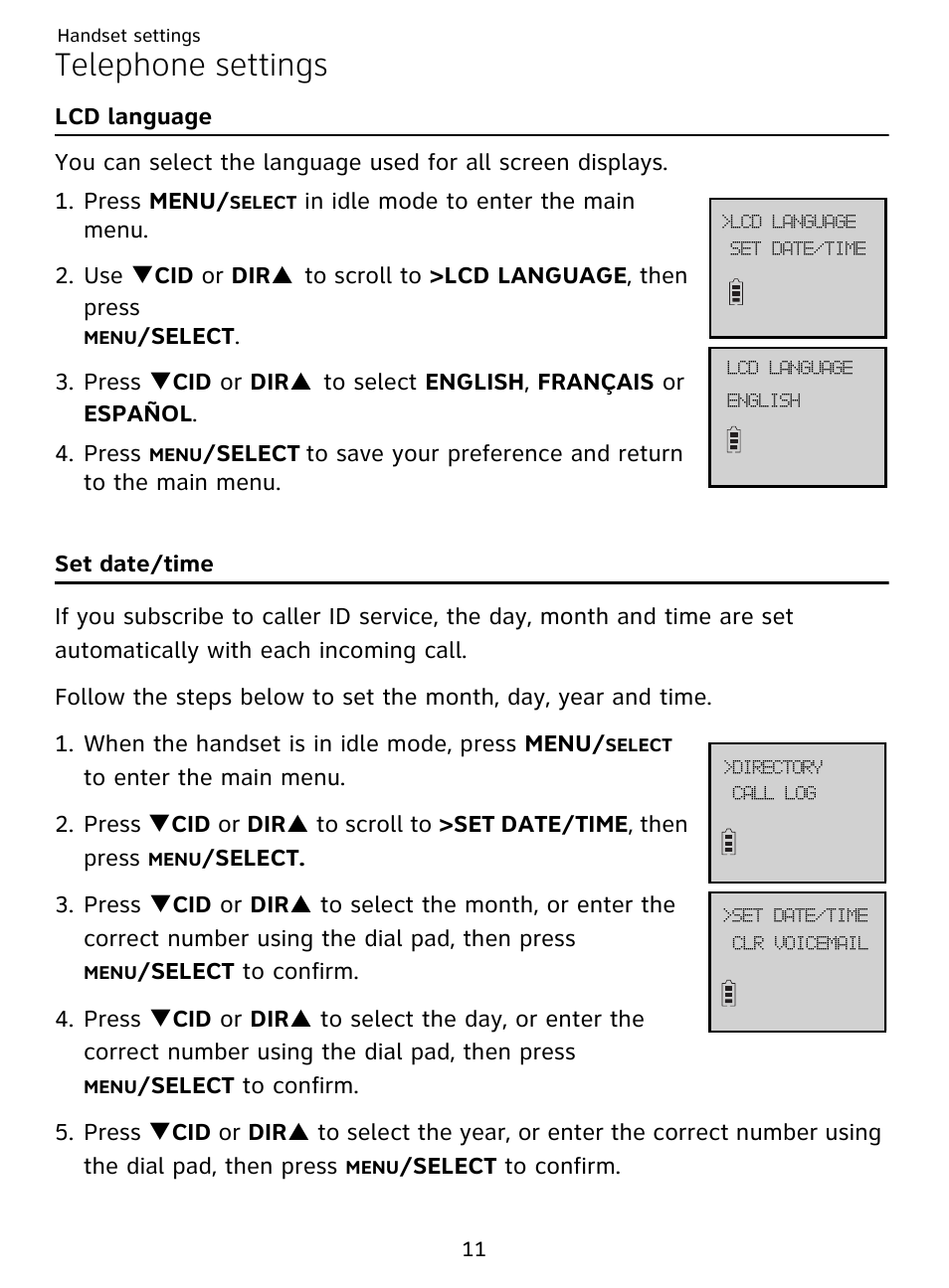 Telephone settings, Lcd language set date/time | AT&T DECT EL51359 User Manual | Page 16 / 65