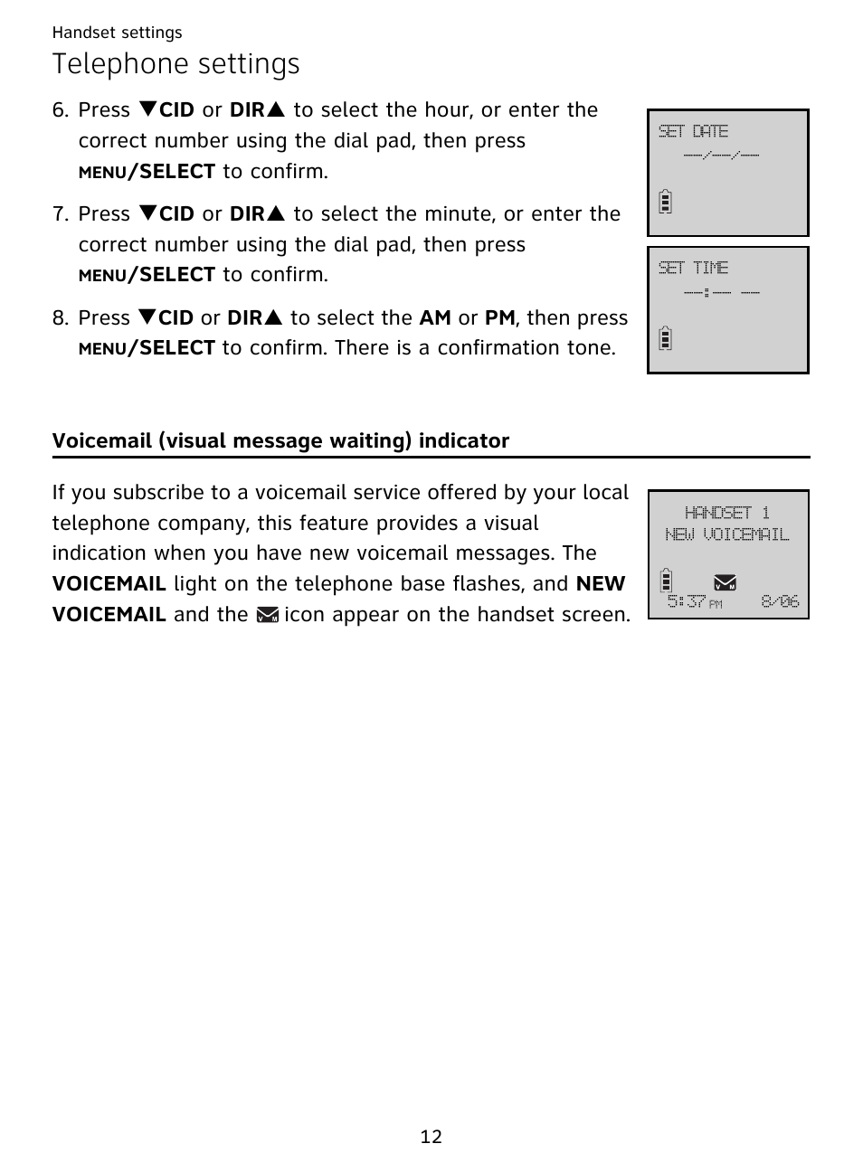 Telephone settings, Voicemail (visual message waiting) indicator | AT&T DECT EL51359 User Manual | Page 17 / 65
