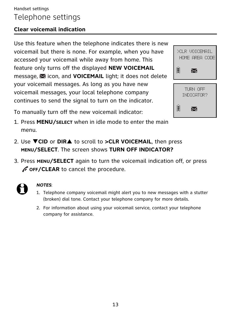 Telephone settings, Clear voicemail indication | AT&T DECT EL51359 User Manual | Page 18 / 65