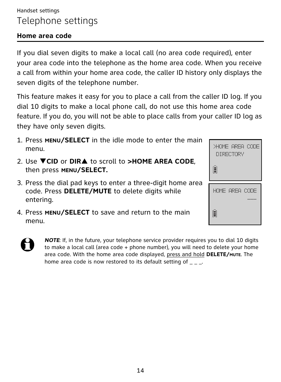 Telephone settings, Home area code | AT&T DECT EL51359 User Manual | Page 19 / 65