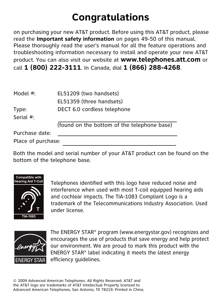 Congratulations | AT&T DECT EL51359 User Manual | Page 2 / 65