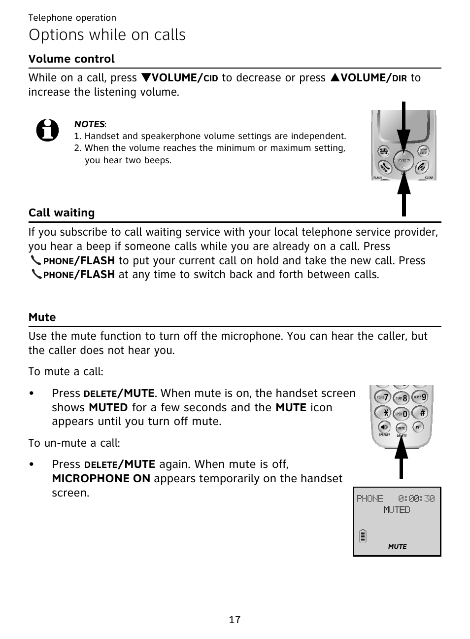 Options while on calls, Volume control call waiting mute | AT&T DECT EL51359 User Manual | Page 22 / 65