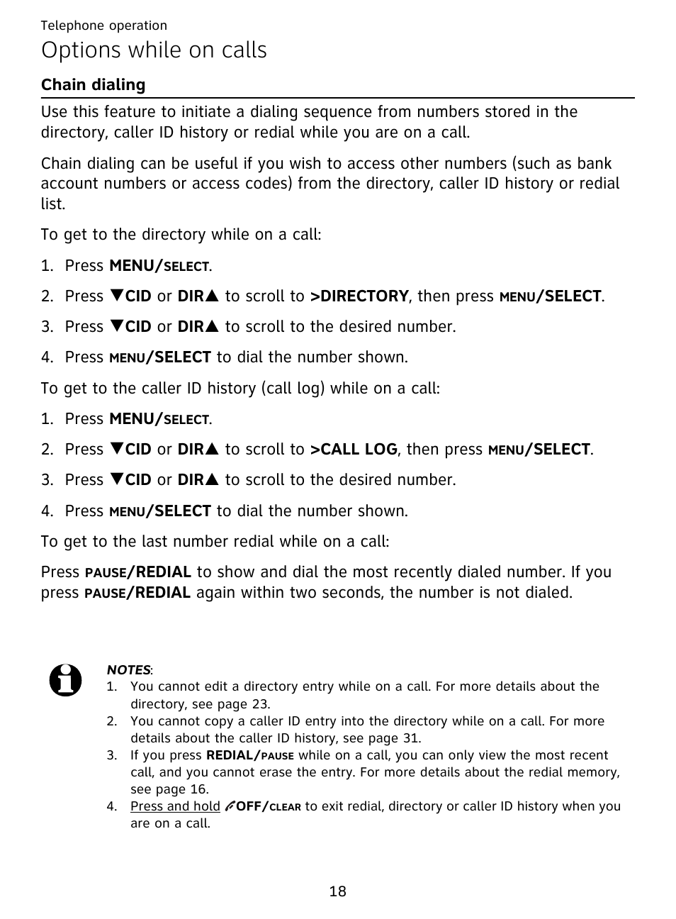 Options while on calls, Chain dialing | AT&T DECT EL51359 User Manual | Page 23 / 65