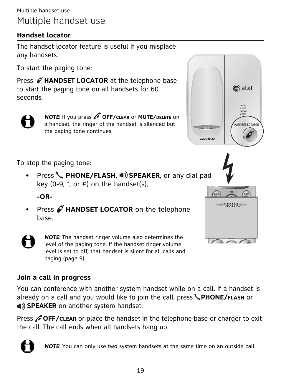 Multiple handset use, Handset locator join a call in progress | AT&T DECT EL51359 User Manual | Page 24 / 65